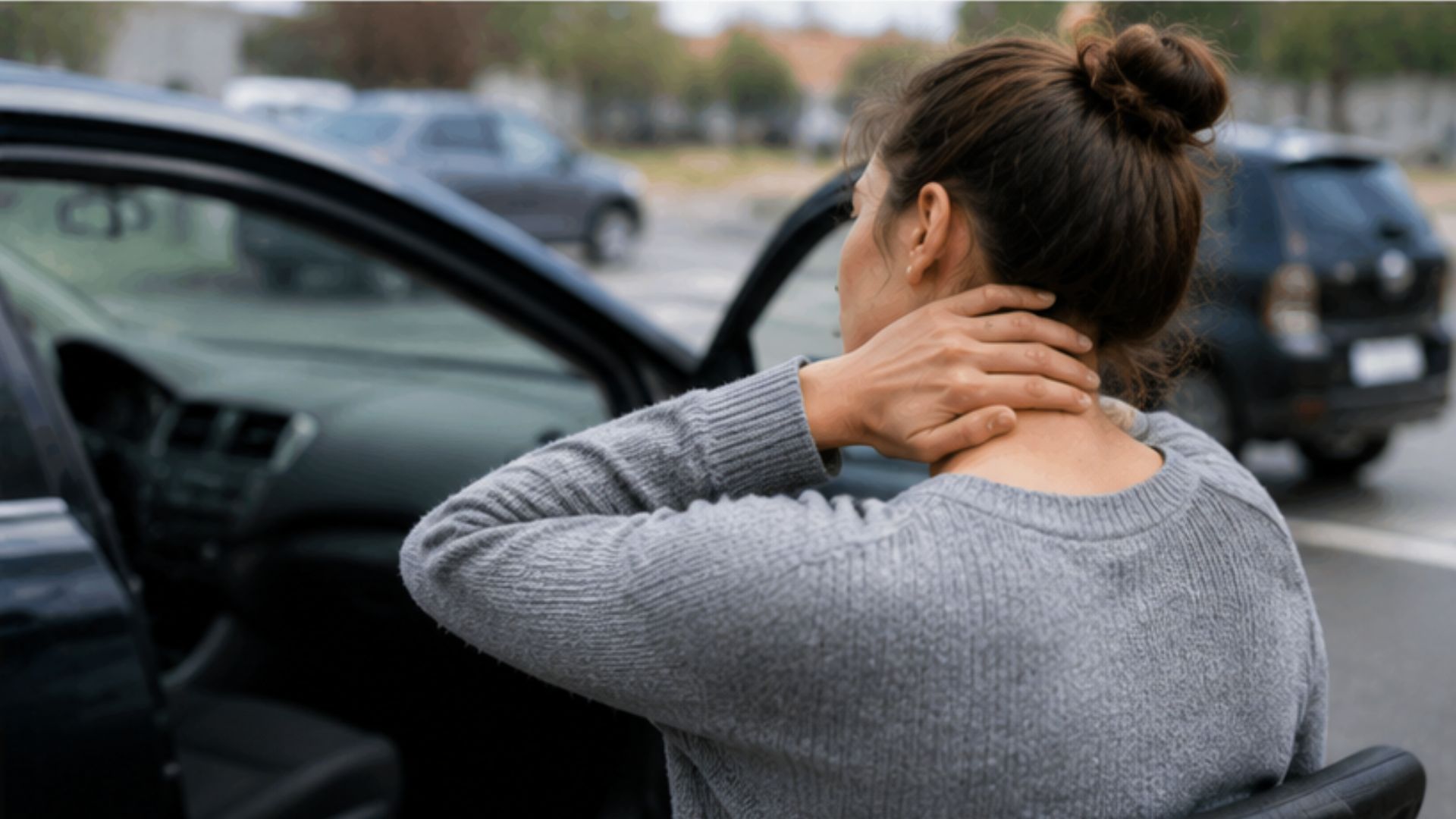 Woman in a gray sweater outside an open car door, holding her neck in discomfort. Blurred parking lot background, conveying a sense of pain or strain.
