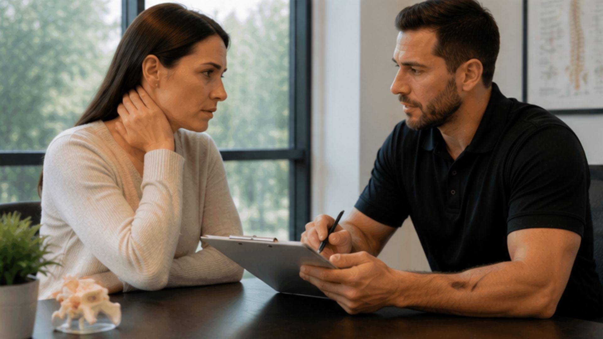 A woman and a man sit at a table in a bright room. The man, holding a pen and clipboard, listens attentively, conveying a serious and thoughtful mood.