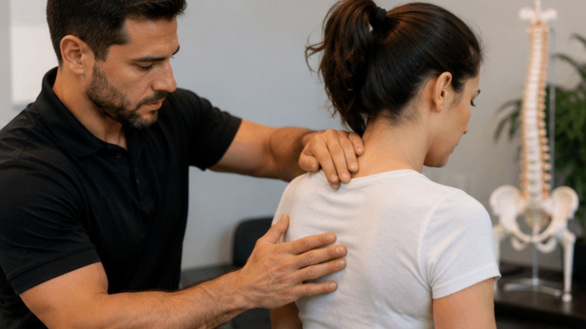 A therapist gently massages a woman's shoulder and back in a clinical setting. A spine model is visible in the background, suggesting a focus on chiropractic care.