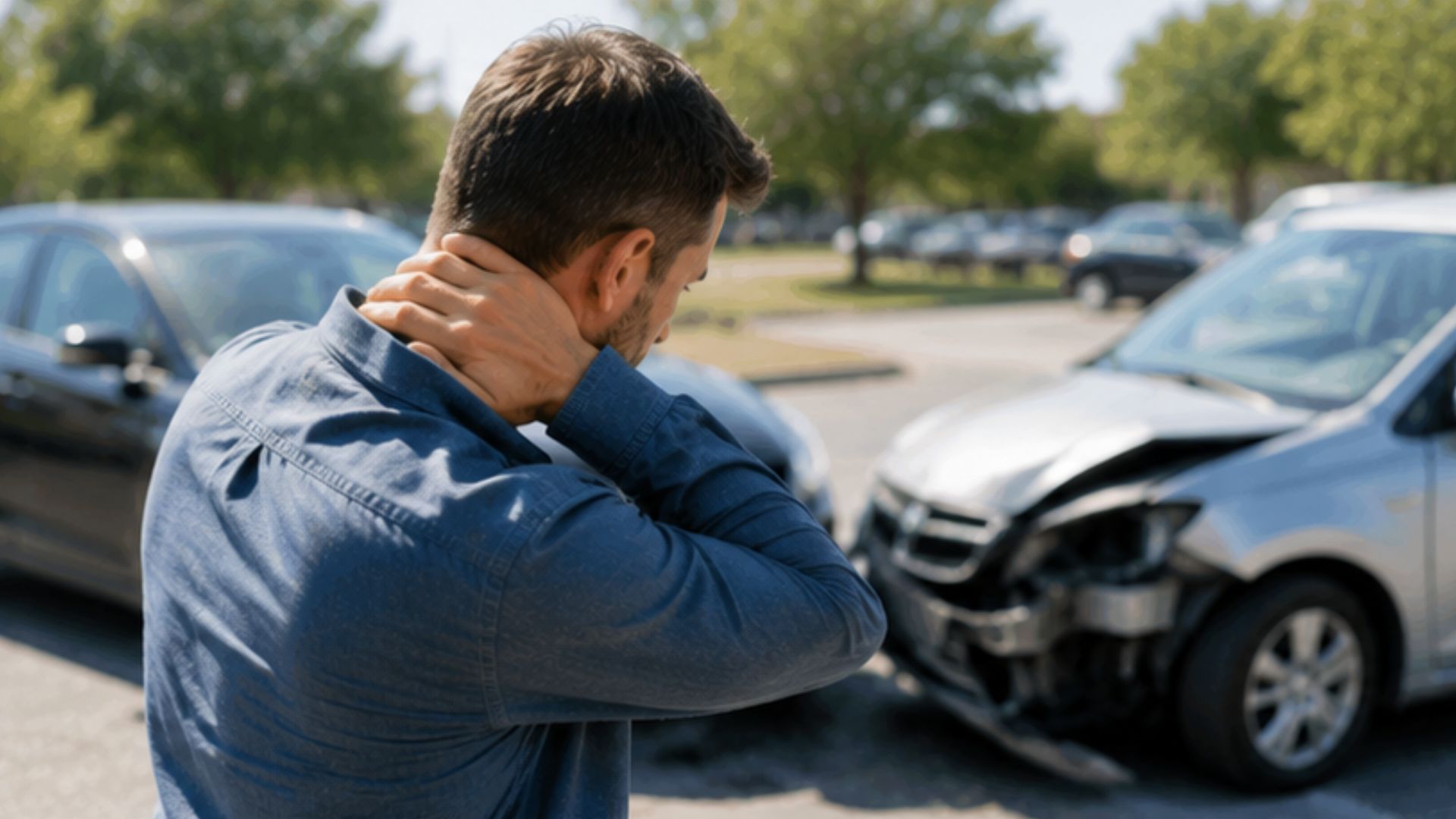 A man in a blue shirt stands holding his neck, appearing in pain, near two damaged cars involved in a collision. The scene suggests a traffic accident.