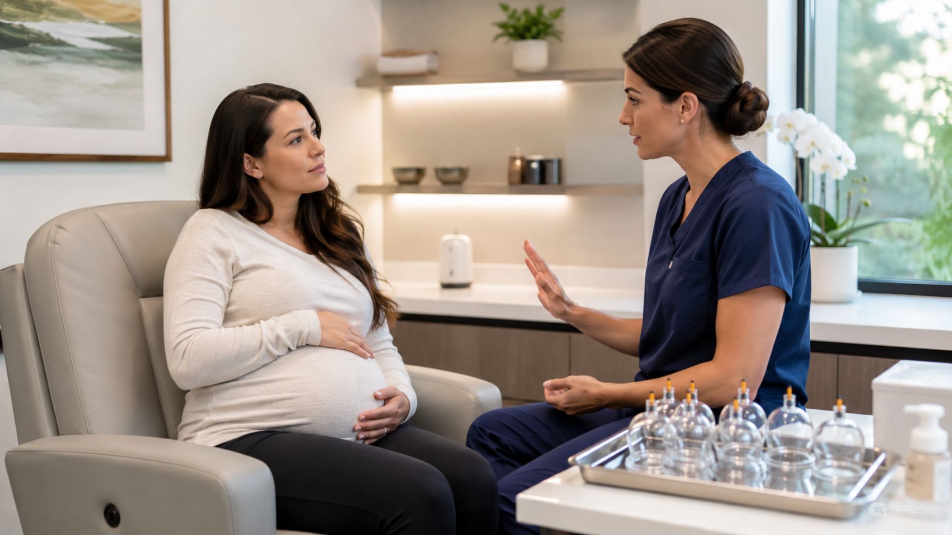A pregnant woman sits in a clinic chair, attentively listening to a healthcare professional in navy scrubs. The setting is calm and supportive.