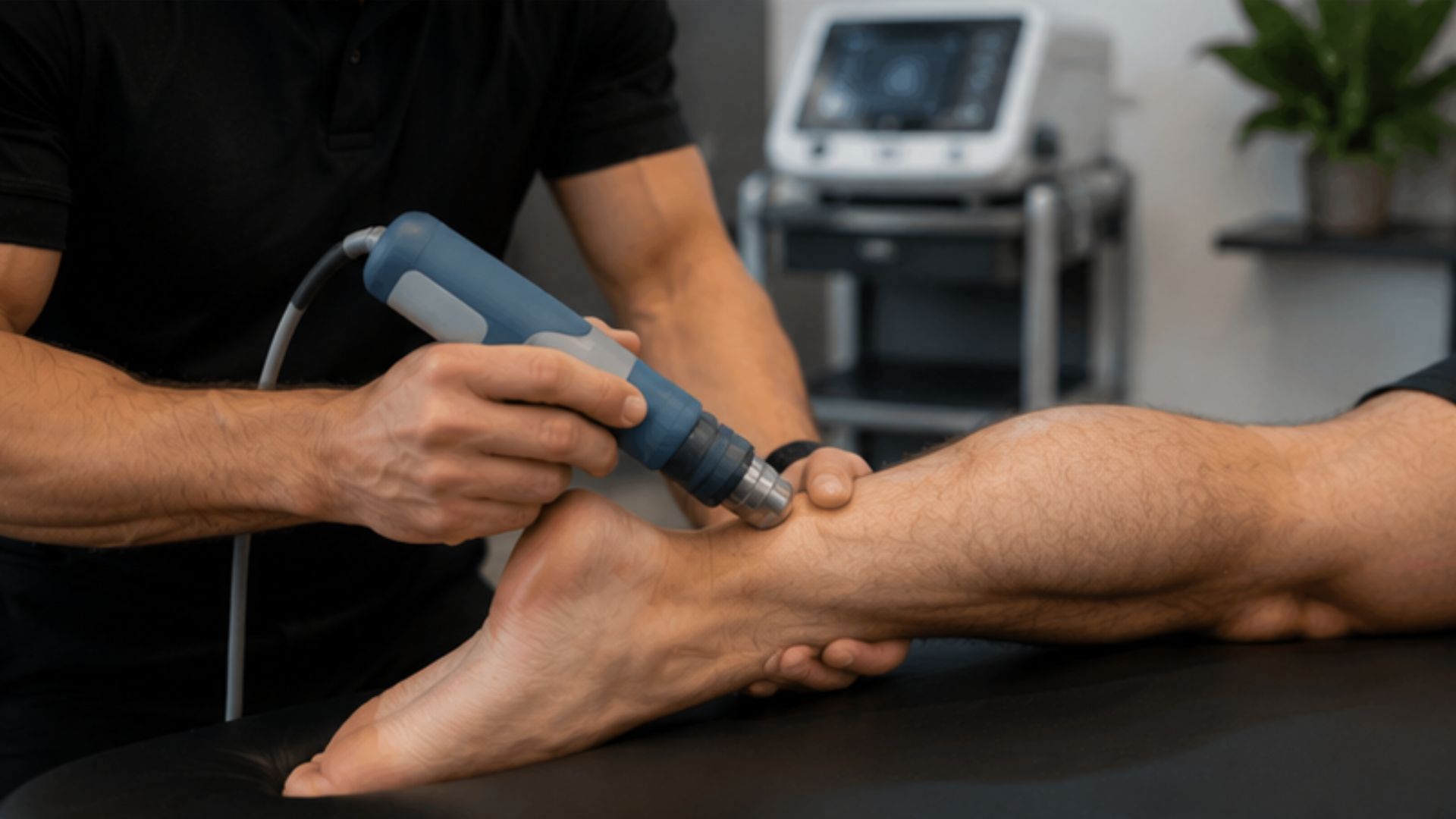 A therapist uses a blue shockwave therapy device on a client's calf in a treatment room. A medical machine is visible in the background, conveying a clinical setting.