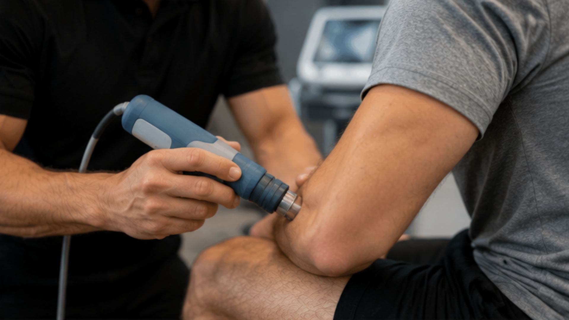 A therapist uses a shockwave therapy device on a patient's elbow. The setting appears clinical, suggesting a focused, professional treatment environment.
