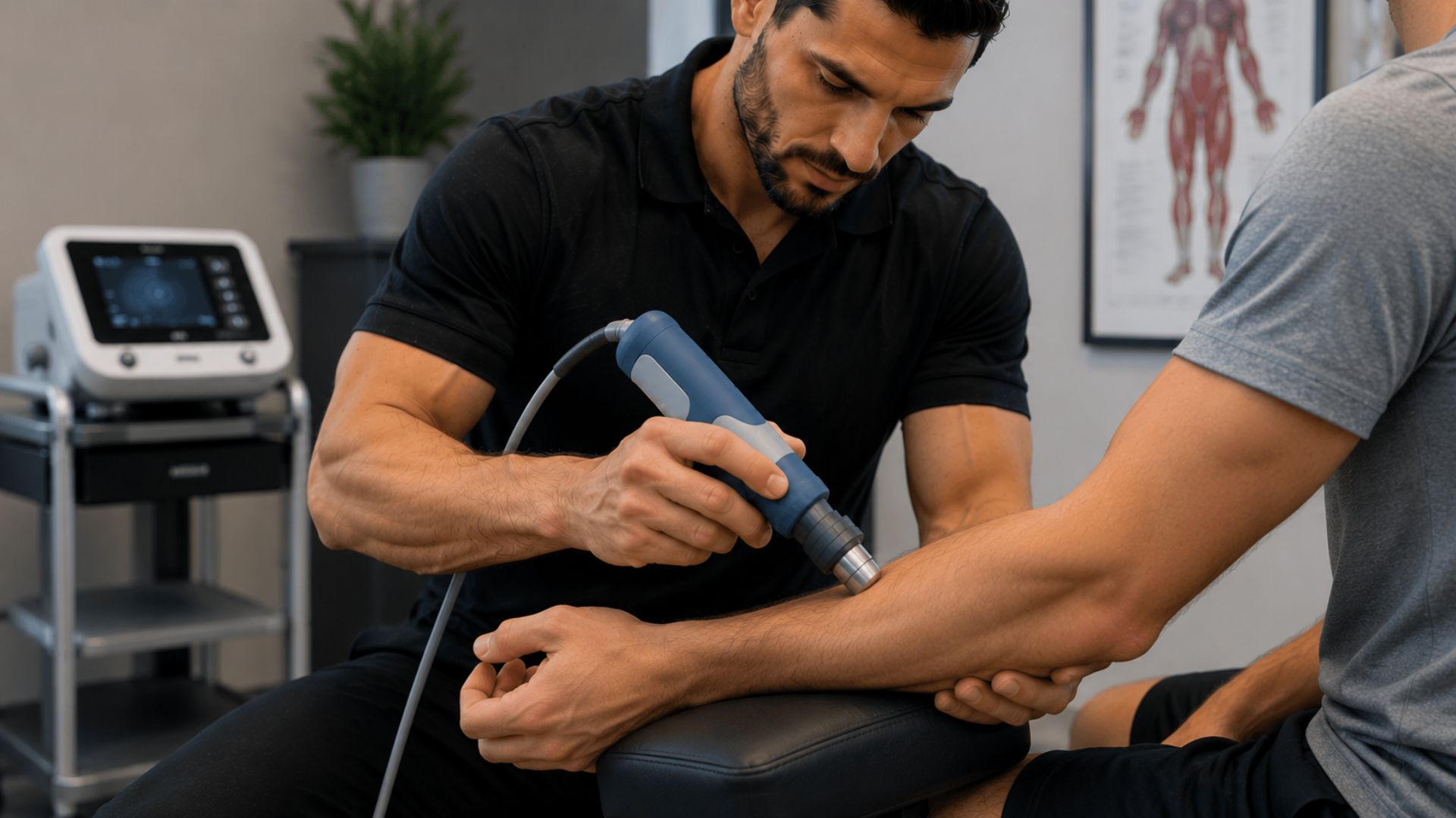 A man in a black shirt uses a handheld therapy device on another person's forearm in a clinical setting, conveying focus and professionalism.