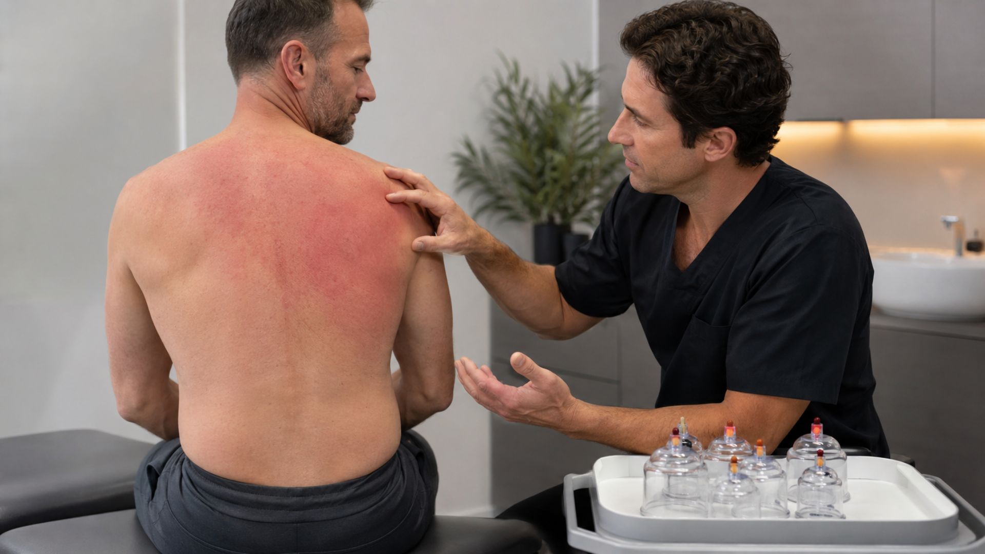 A therapist in black scrubs examines a man's red back during a cupping therapy session. The setting is a calm, modern clinic with a tray of cups nearby.