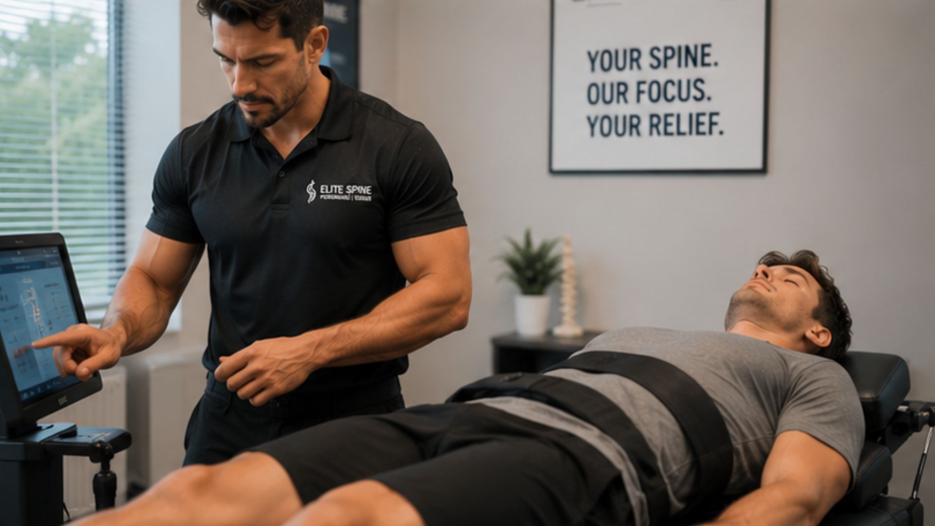 Spinal Decomp 1 A chiropractor operates a machine next to a patient lying on a therapy table. A sign in the background reads, "Your Spine. Our Focus. Your Relief." The setting is calm and professional.