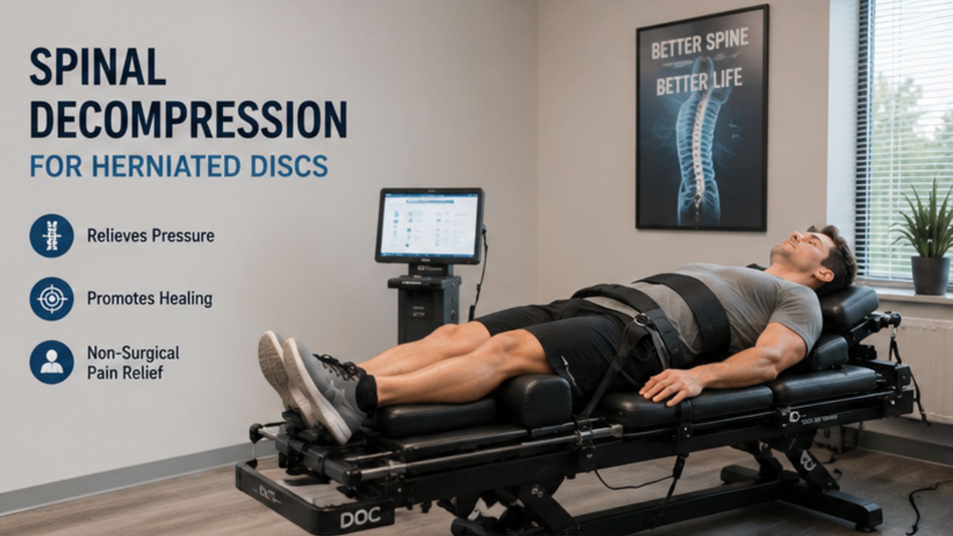 A man undergoing spinal decompression therapy for herniated discs lies on a treatment table. Nearby, a screen displays data, and a poster shows a healthy spine.