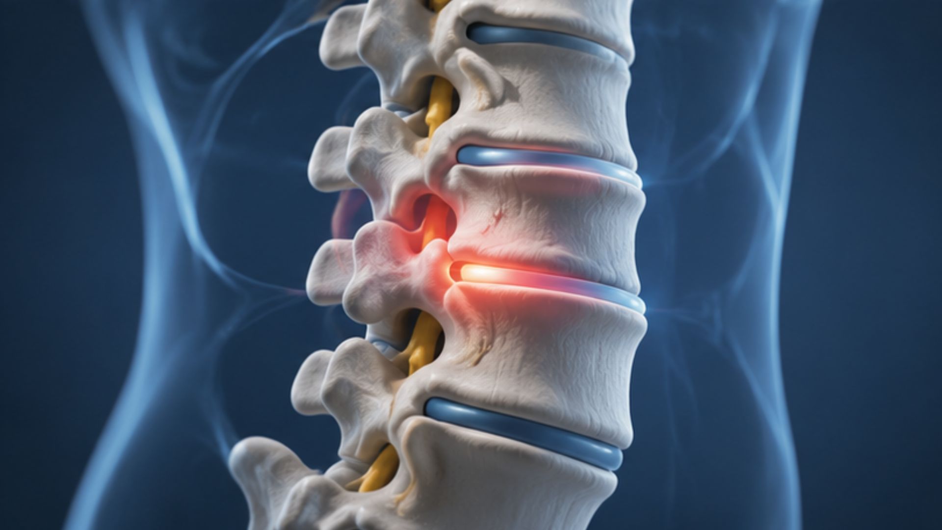 Spinal Decomp 3 Close-up illustration of a human spine with bones and discs highlighted. One disc glows red, indicating pain or injury against a dark blue background.