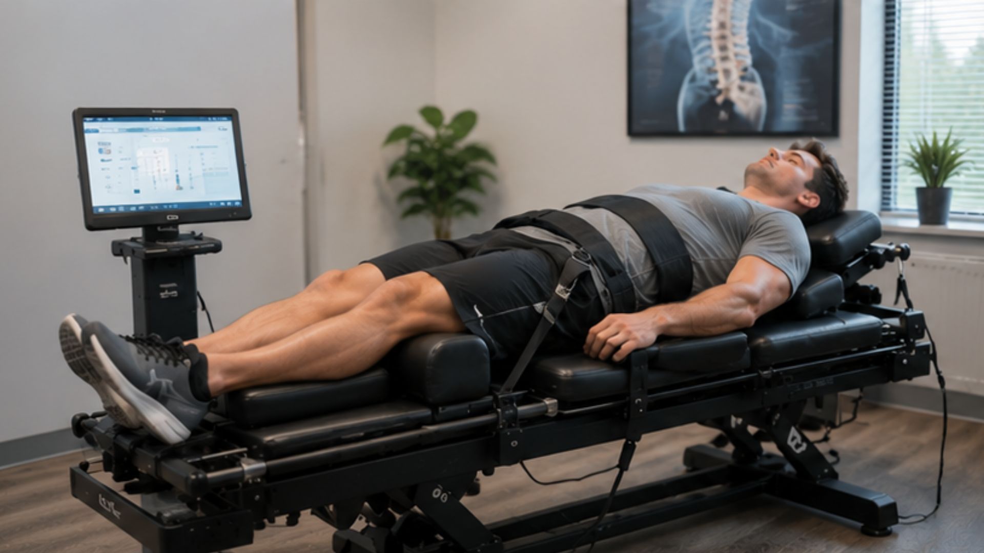 Spinal Decomp 4 A man undergoing spinal decompression therapy for herniated discs lies on a treatment table. Nearby, a screen displays data, and a poster shows a healthy spine.