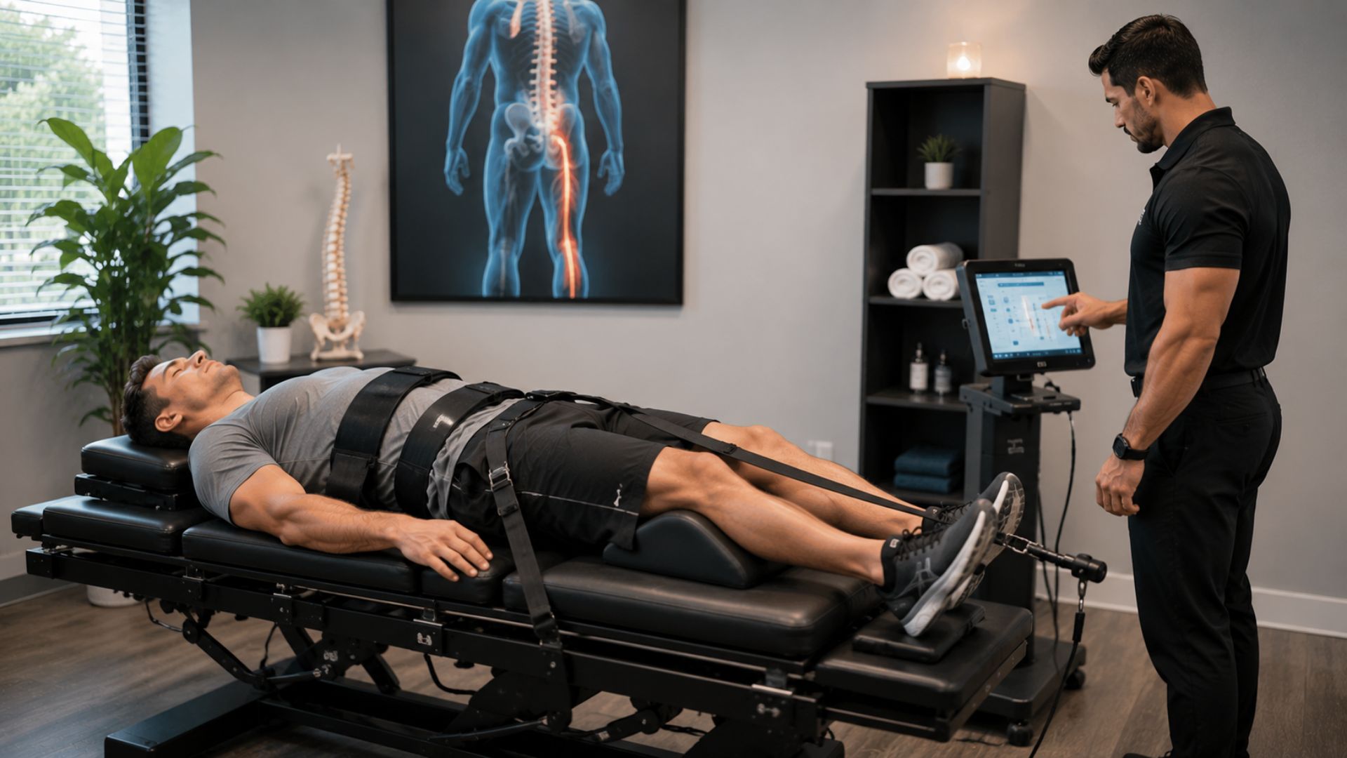 Spinal Decomp for Sciatica A man lies on a therapy table with straps, undergoing spinal treatment. A therapist operates a touchscreen. A spine poster is on the wall behind them.