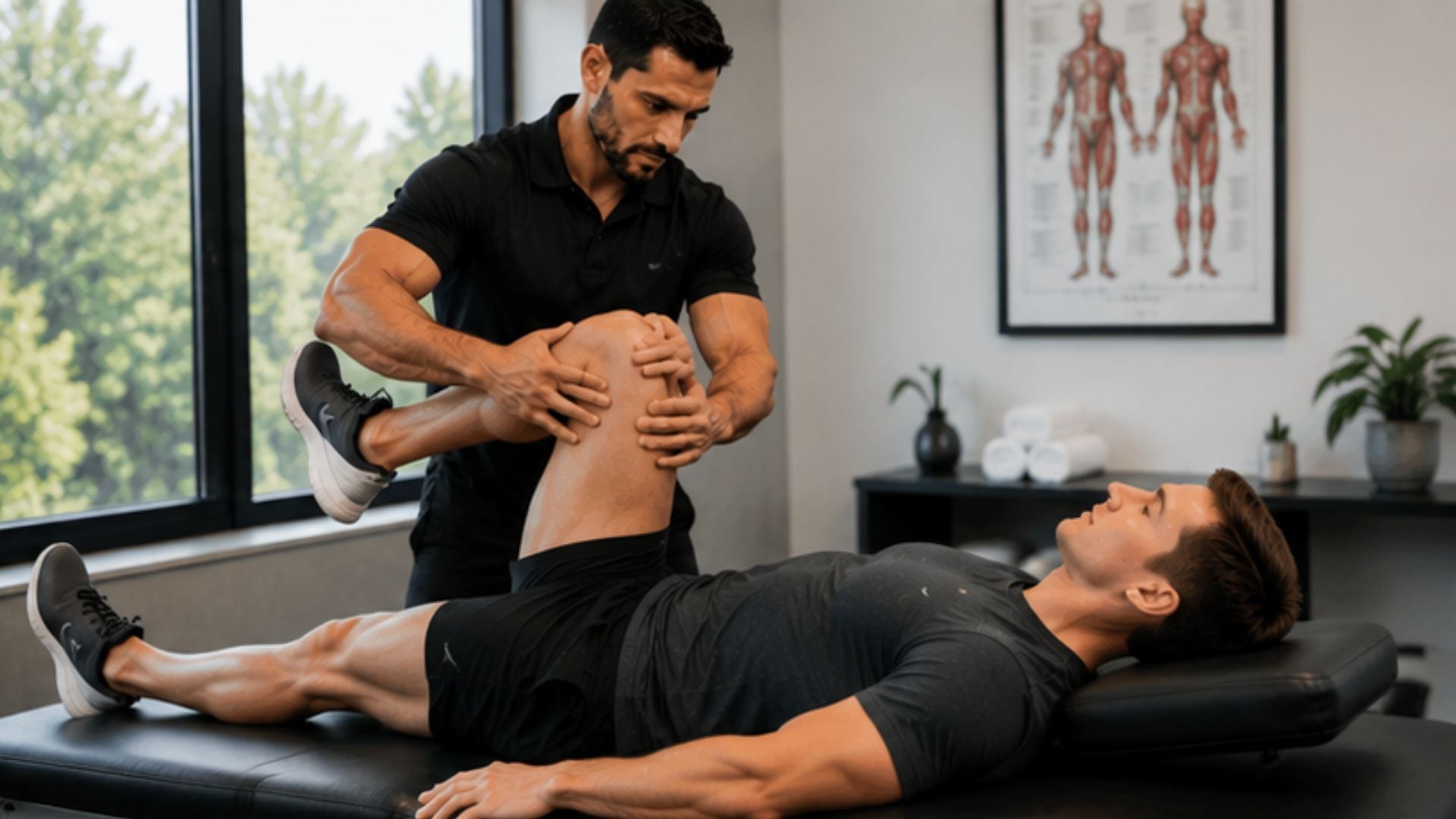 A man receives physical therapy, lying on a table in a modern clinic as a therapist in a black shirt stretches his leg. The setting is calm and professional.