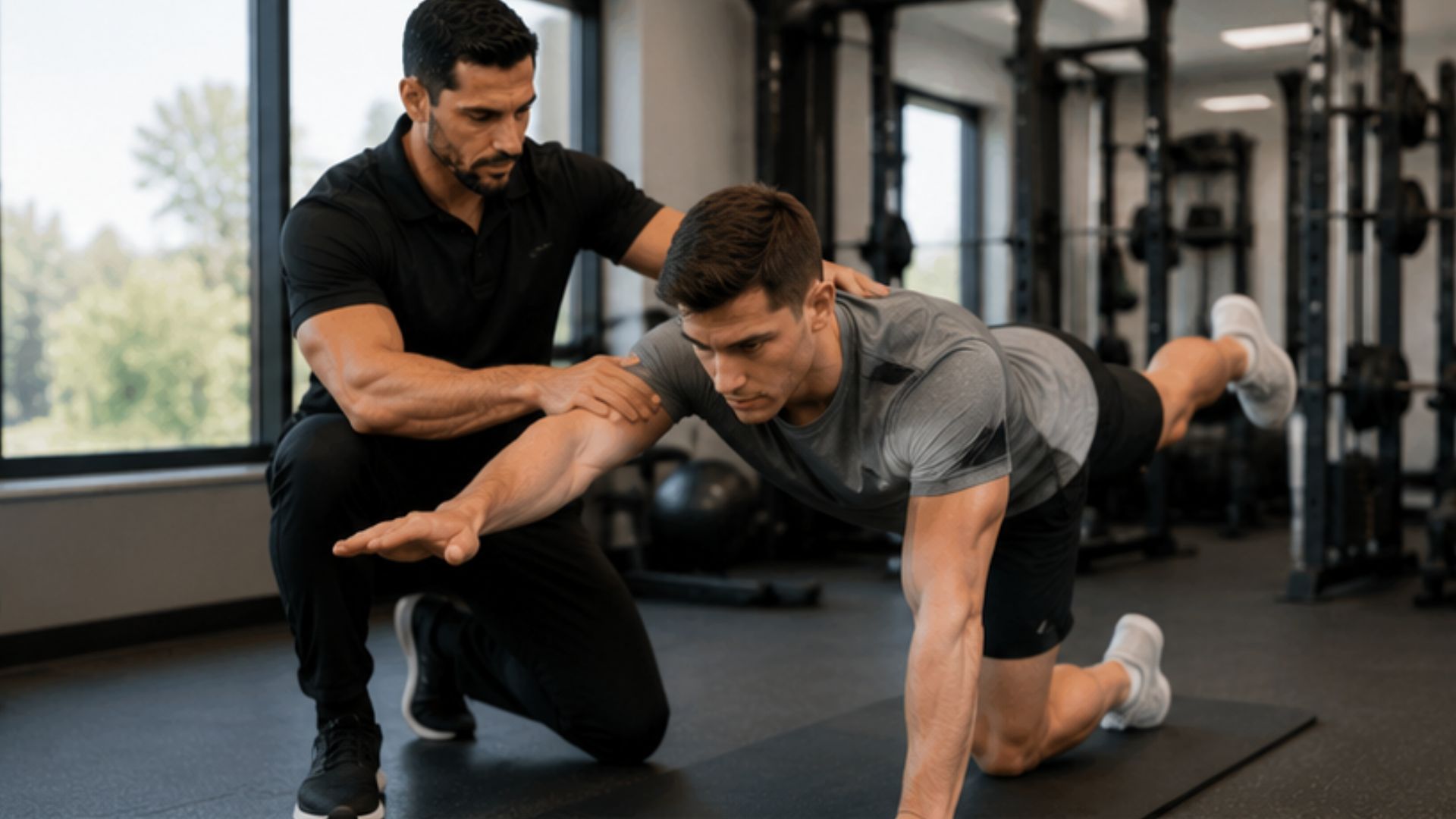 A man performs a bird dog exercise on a mat, balancing with one arm and one leg outstretched, while a trainer kneels beside him offering guidance.