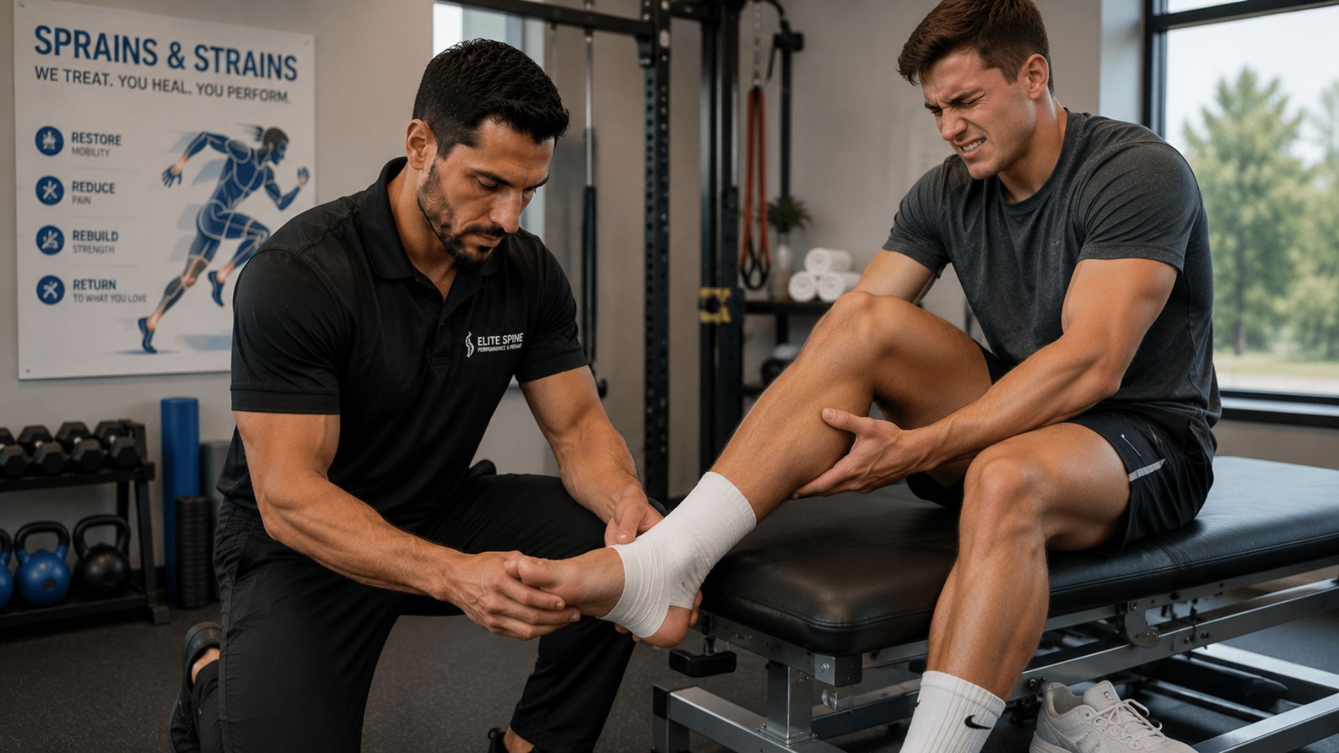 A physical therapist tends to an athlete's foot injury in a clinic. The athlete appears to be in pain, while the therapist provides care with concentration.