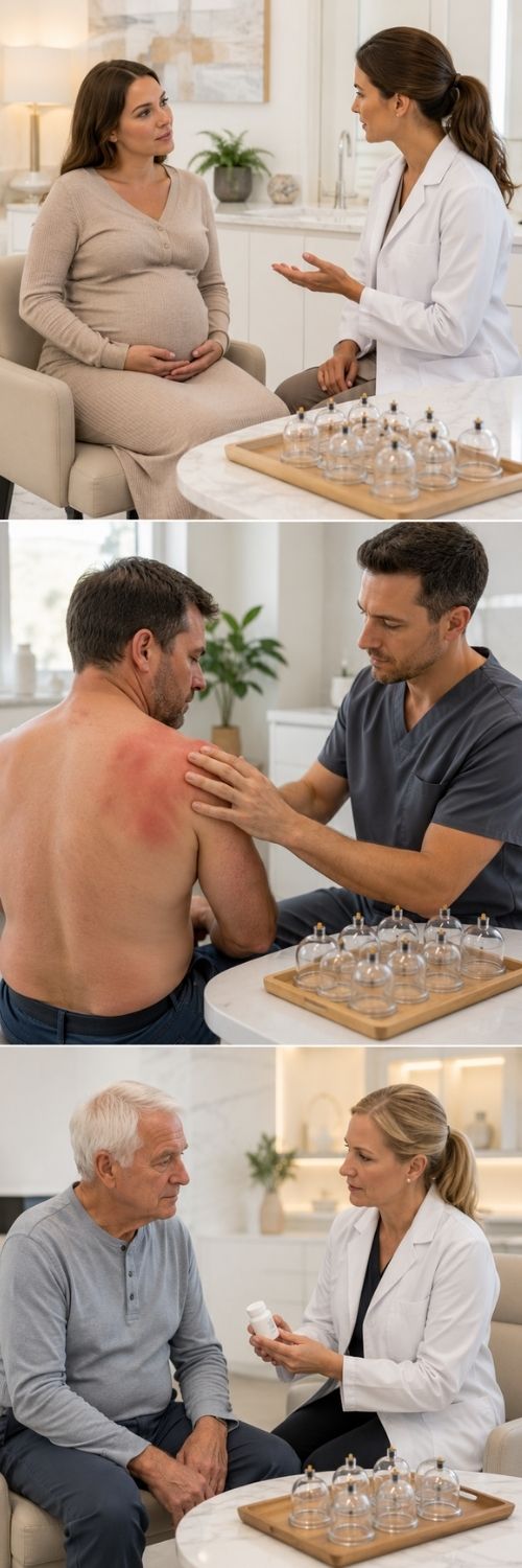 A pregnant woman consults with a doctor. A man with red skin undergoes cupping therapy by a therapist. An elderly man talks to a medical professional.