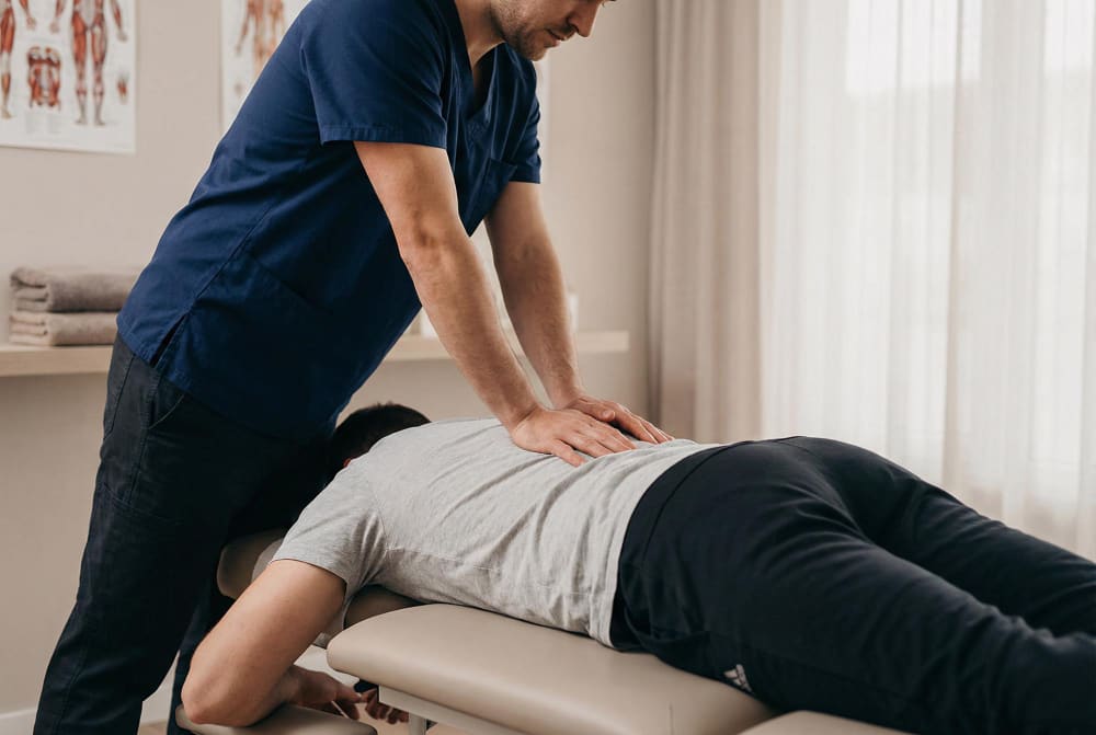 Chiropractor treating a patient's lower back on a treatment table