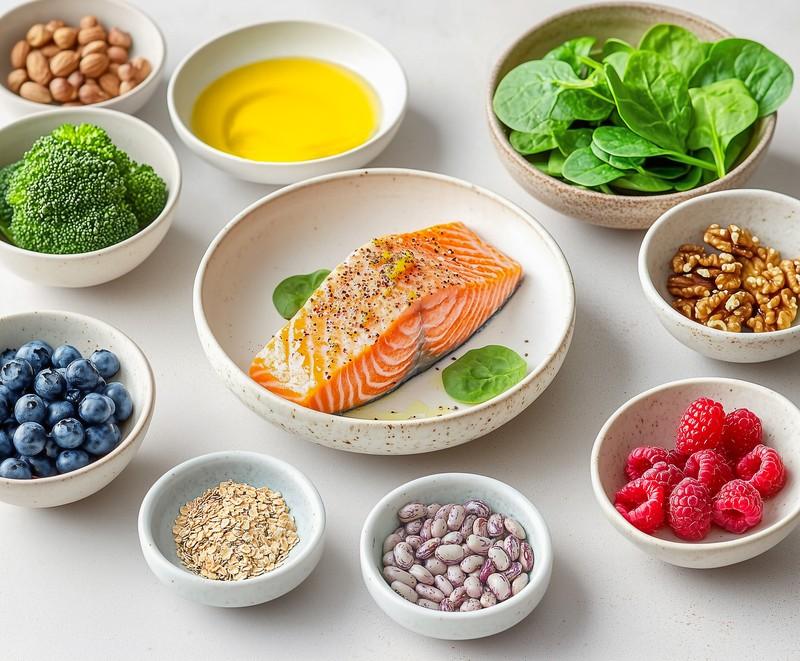 healthy-food-brain-health-salmon-spinach-berries-with-oats_416170937